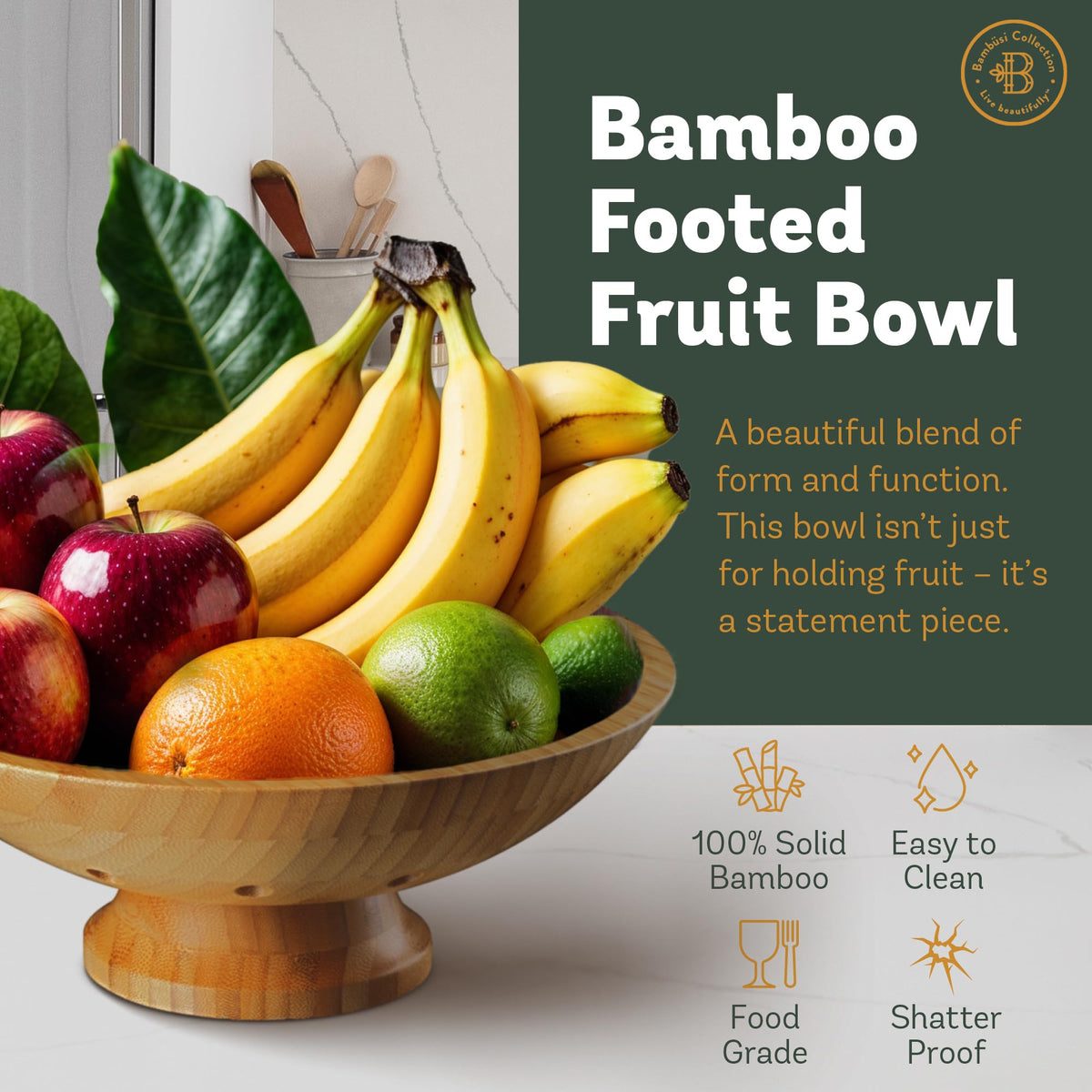 Bambüsi pedestal fruit bowl as decorative centerpiece on countertop