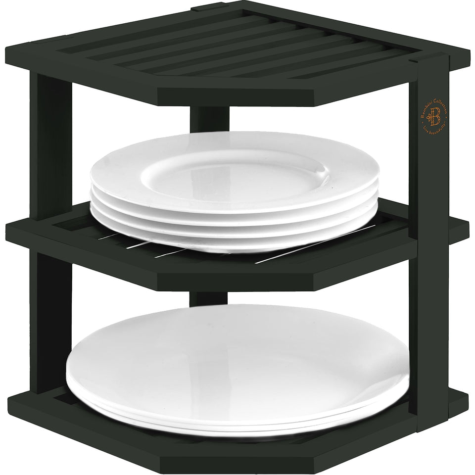Bambüsi plate organizer corner, space-saving rack for neat cabinet stacking.