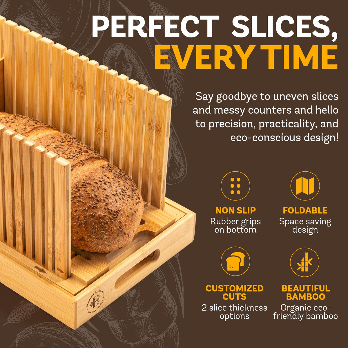 Bambüsi sourdough artisan loaf slicing guide enables even thickness for diverse breads.