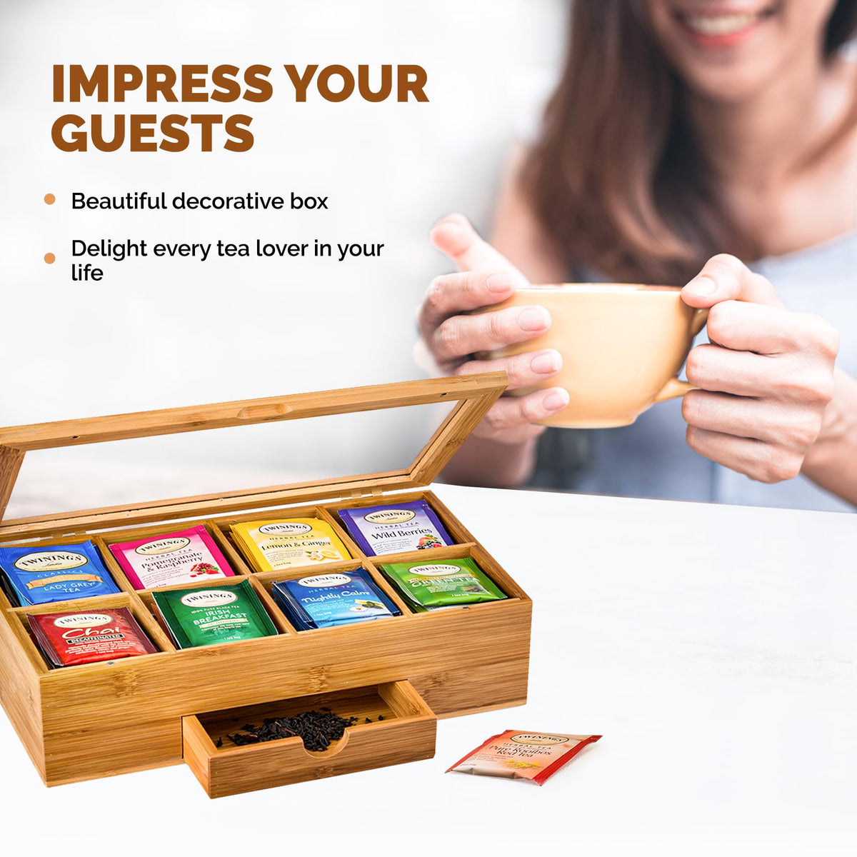 Bambüsi internal drawer stores loose tea and spoons.