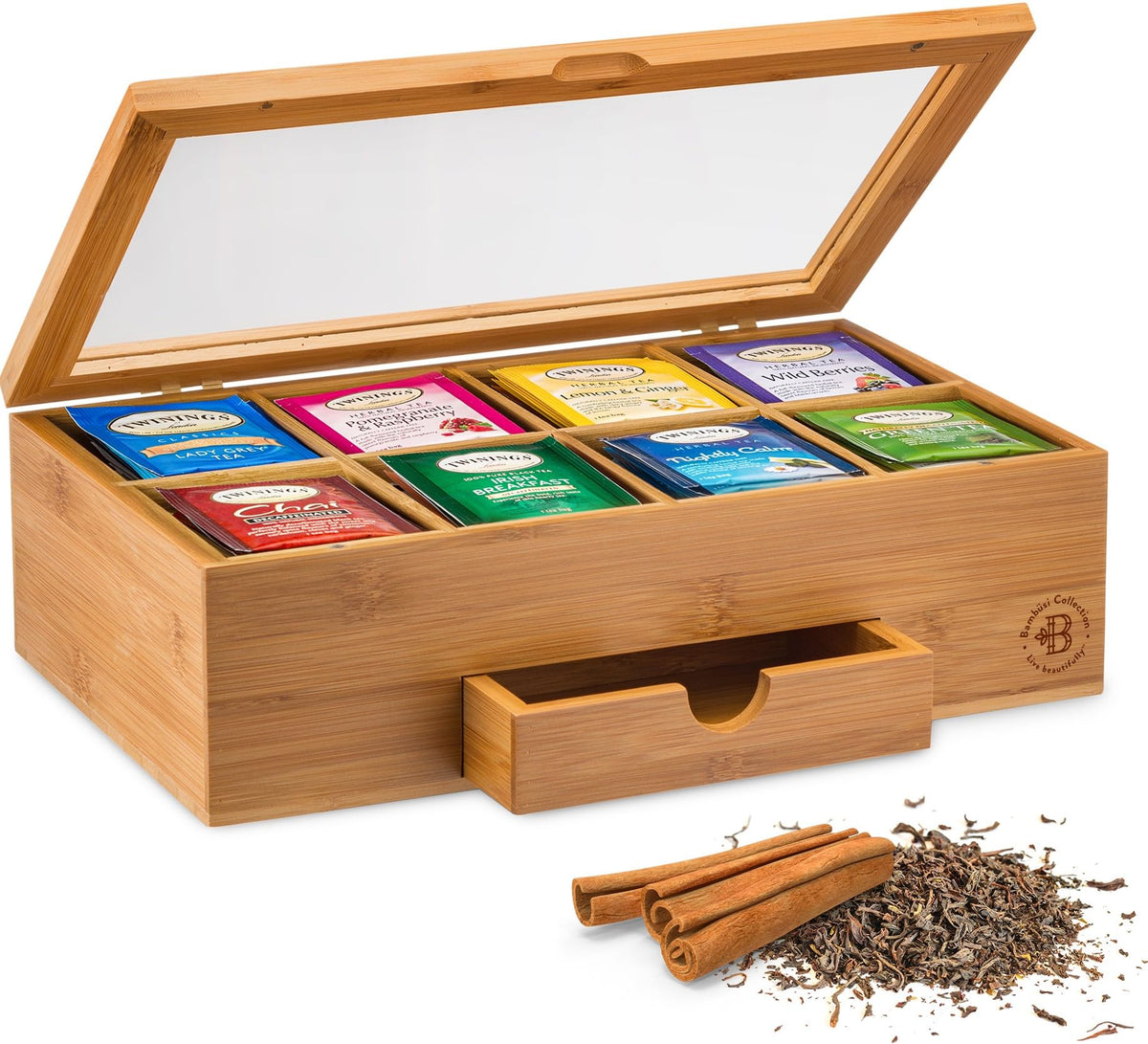 Bambüsi tea bag organizer front view with eight compartments for easy flavor sorting.