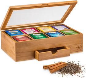 Bambüsi tea bag organizer front view with eight compartments for easy flavor sorting.