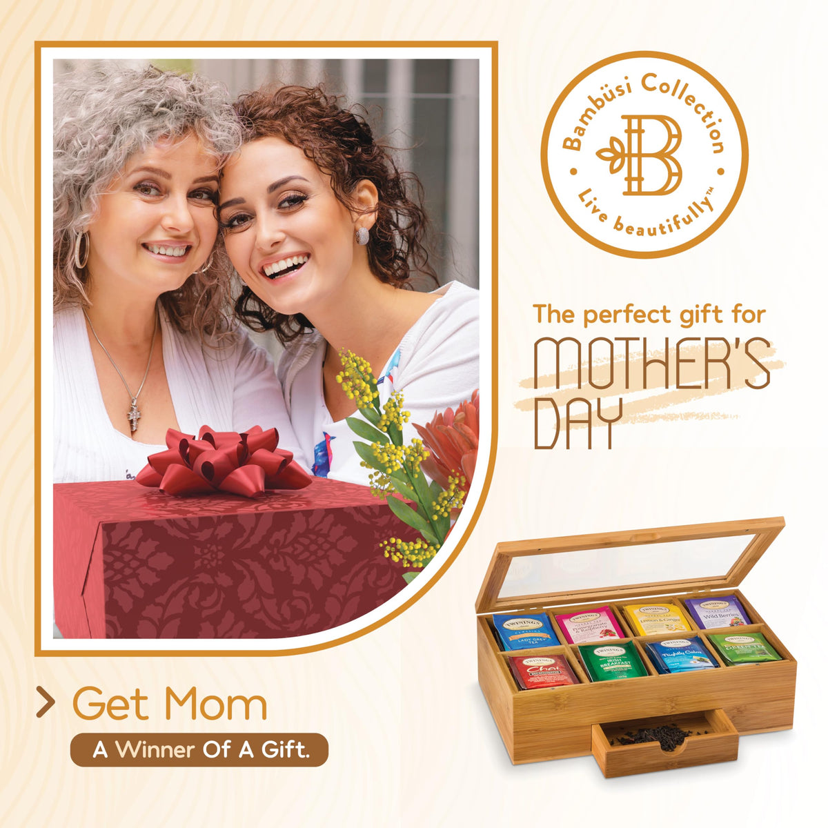 Bambüsi tea box with drawer open, ideal for extra accessories.