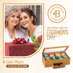 Bambüsi tea box with drawer open, ideal for extra accessories.