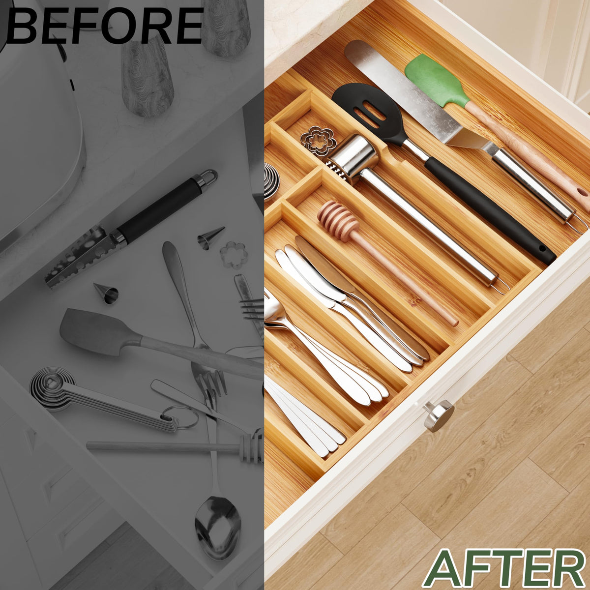 Close-up of smooth, easy-clean bamboo finish on the organizer surface.