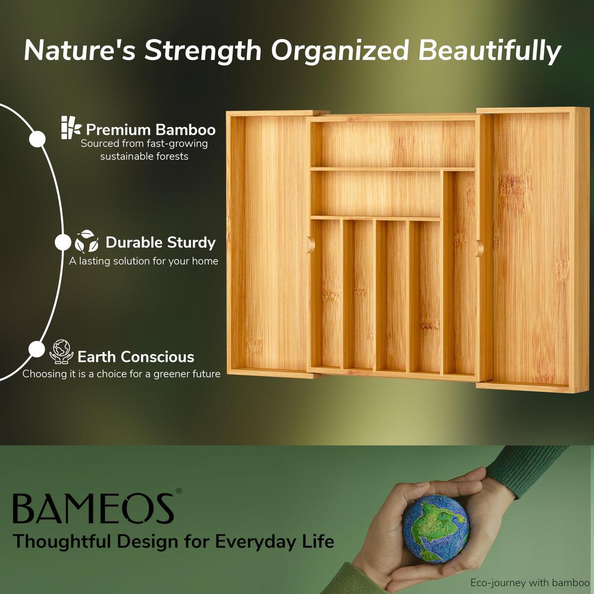 Eco-friendly bamboo composition with a neat kitchen drawer setup.