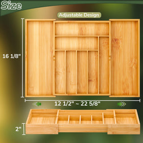 Expanded bamboo dividers on a drawer organizer adapting to space.