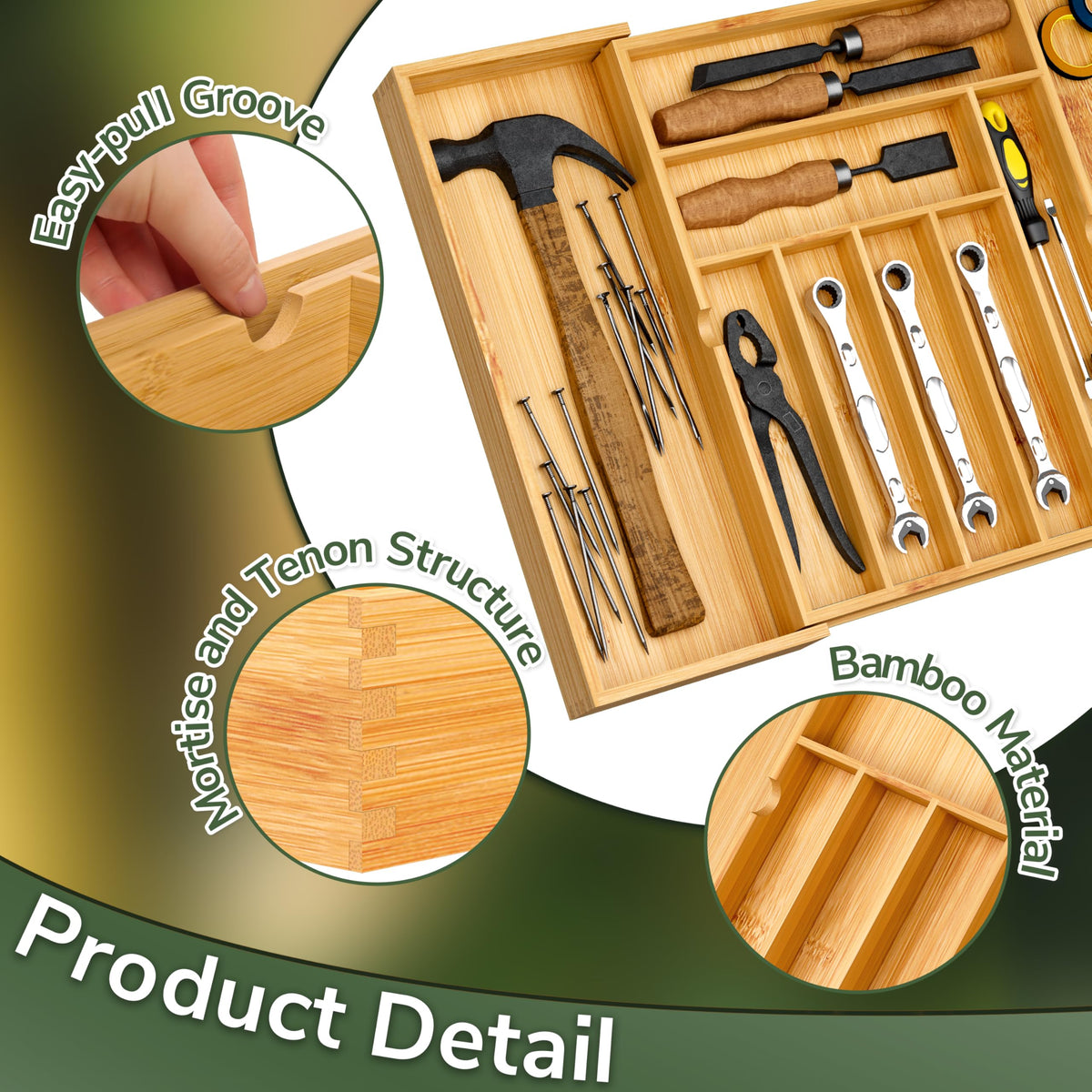 Kitchen drawer organized with BAMEOS bamboo tray for cutlery and utensils.