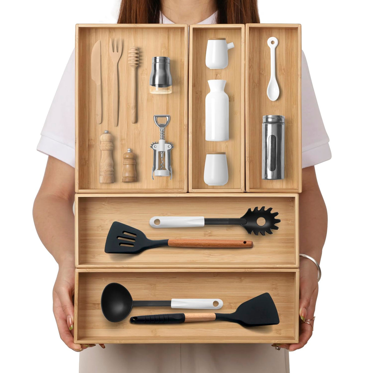 BAMOTTO CRAFTBAMBOO stackable drawer organizers neatly stacked for clutter-free drawers