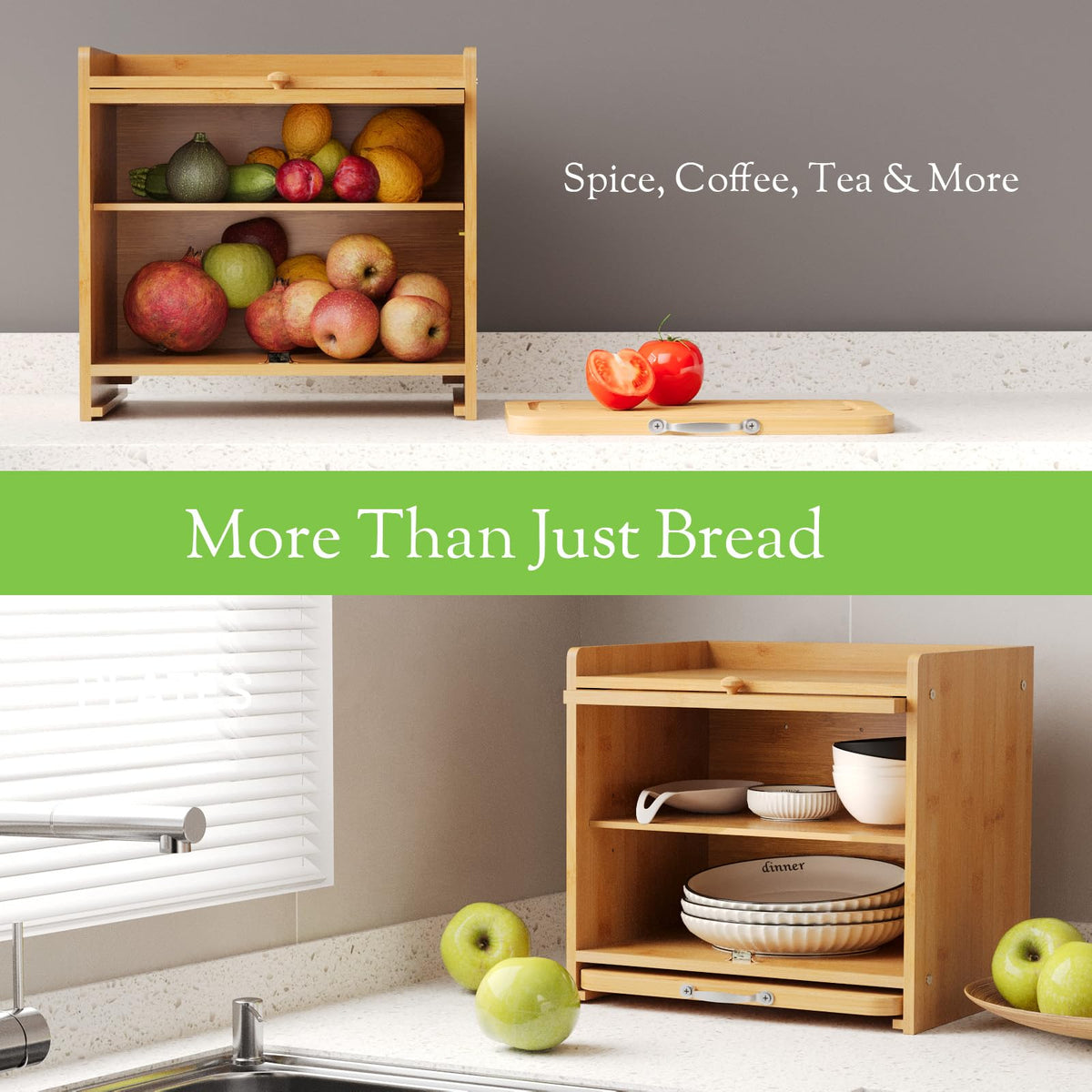 bamzc brz bamboo bread box spice rack-ready top surface for spices and decor.