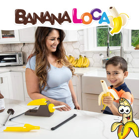 Banana Loca adding Nutella toppings to a hollowed banana for customizable bites.