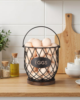 Banawey egg basket with wooden base stands stably on countertops