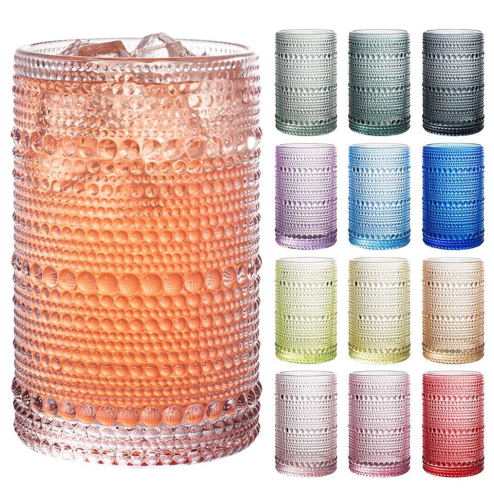 Bandesun vintage hobnail glasses colorfully set for cocktails and beverages.