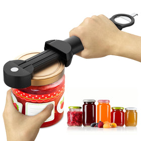 Banyaa jar opener with retractable gear bite assists opening stubborn jars.