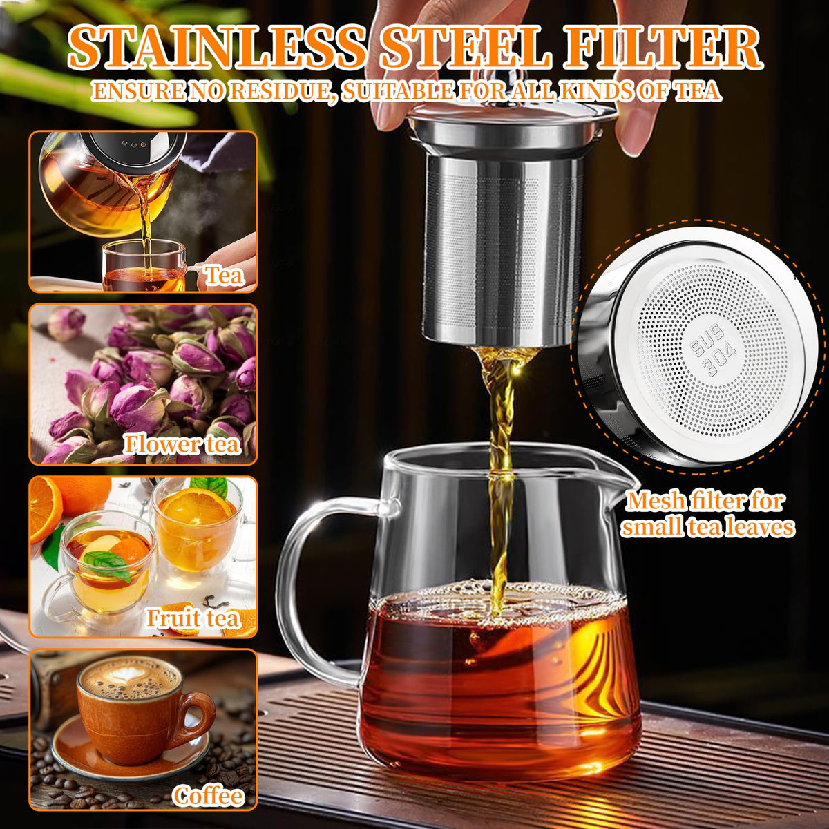 BanYakong borosilicate glass body lets you watch tea steep clearly.