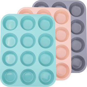 Baocuan 3-pack 12-cup silicone muffin pan set for versatile baking and easy release.