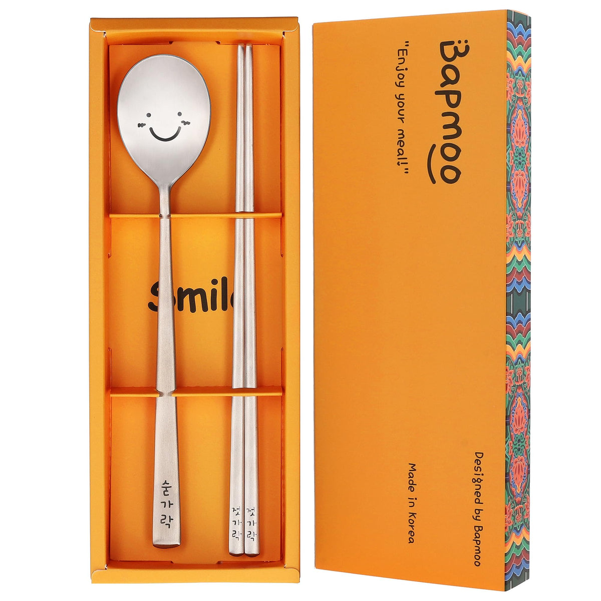 BAPMOO spoon and chopsticks set with long handles in silver for daily use.