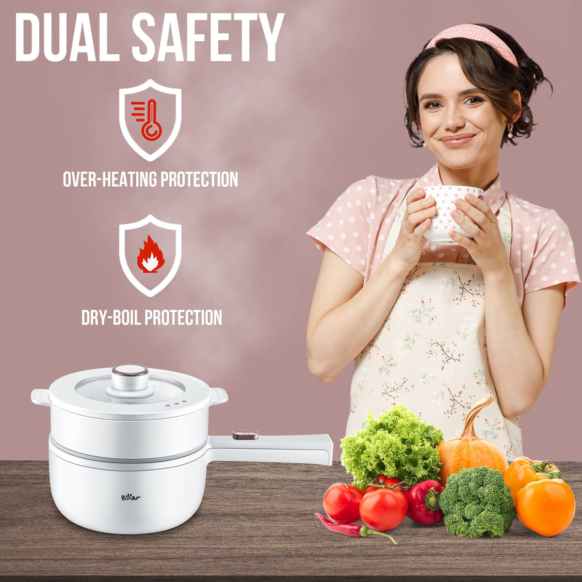 Bar Bear hot pot electric with steamer—steam eggs and vegetables while cooking.