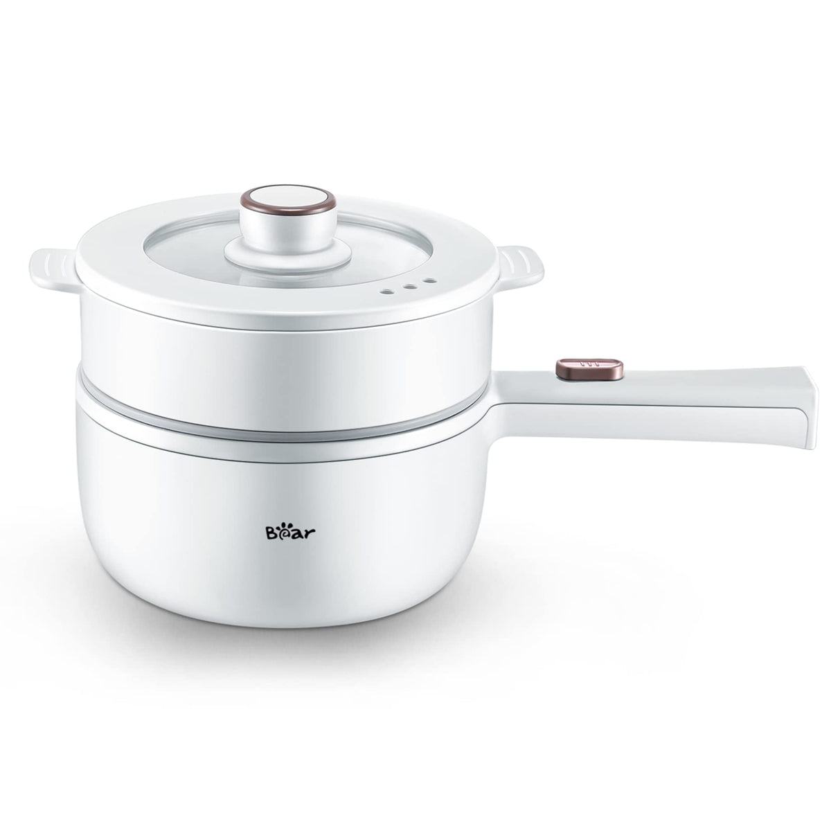 Bar Bear hot pot electric with steamer—compact versatility for quick noodles and steamed veggies.
