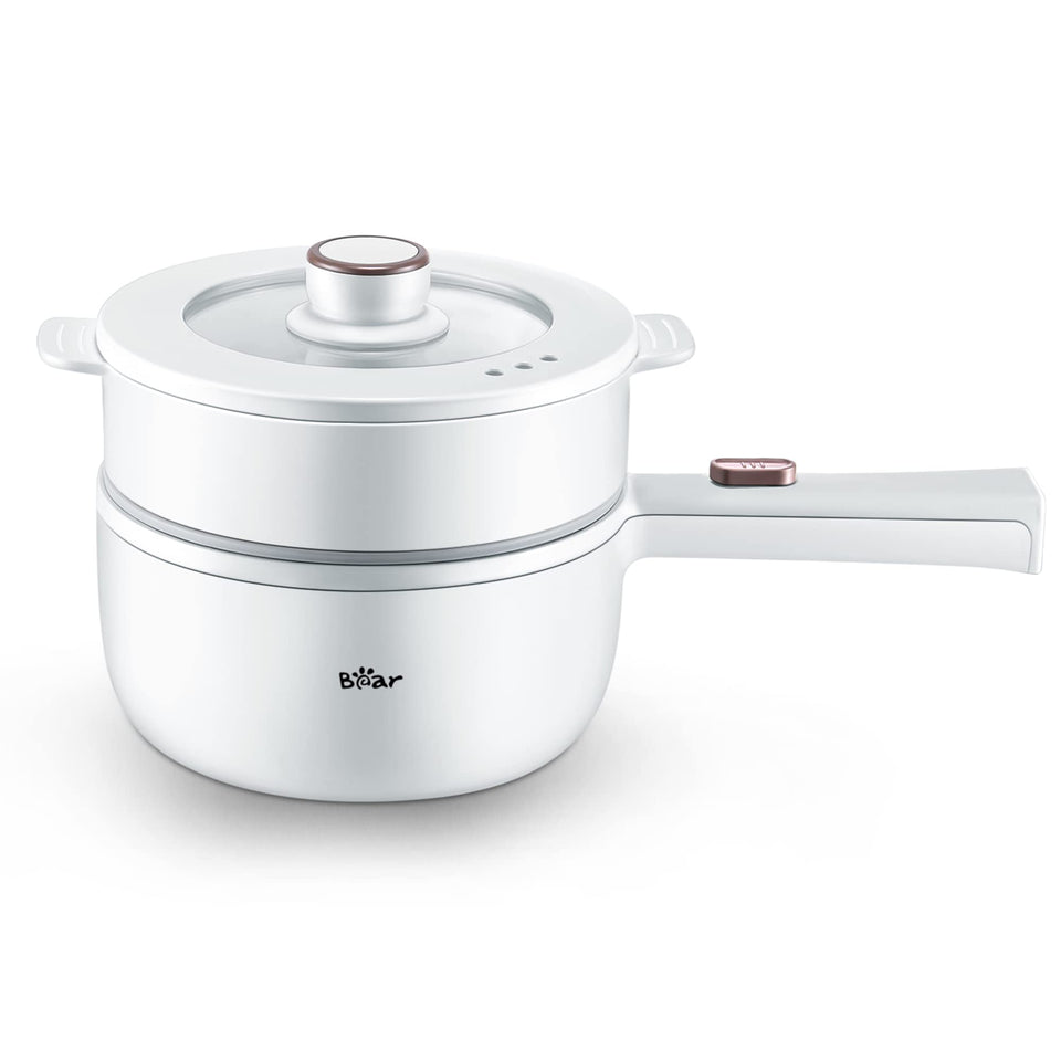 Bar Bear hot pot electric with steamer—compact versatility for quick noodles and steamed veggies.