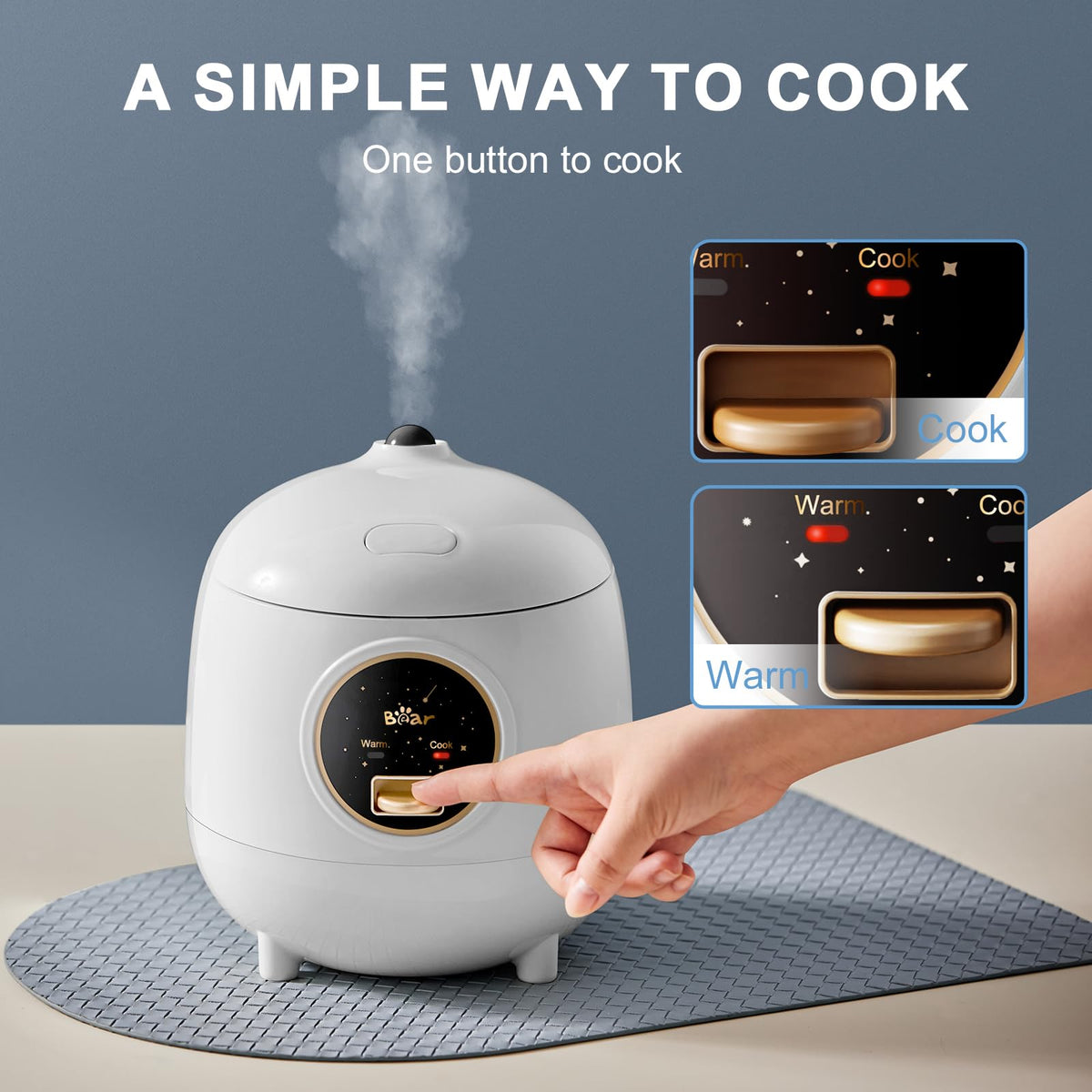 Bar Bear mini rice cooker steam vent helps prevent overflow.