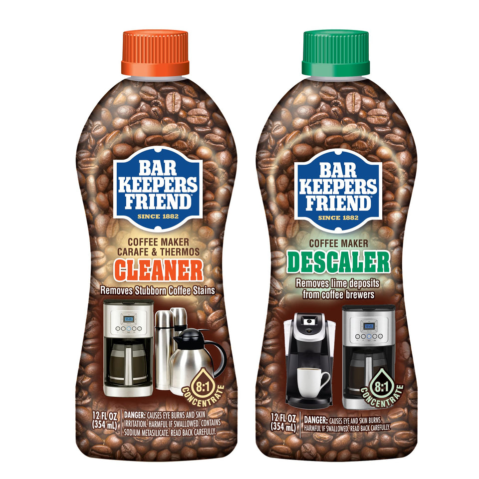 Bar Keepers Friend Coffee Maker Cleaner bottle removes stains for cleaner brews.