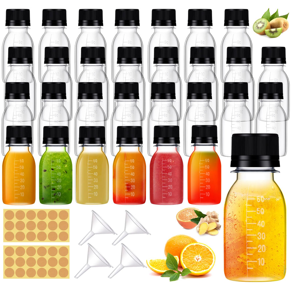 Barafat 42-piece 2oz shot bottles with caps, ideal for travel-ready beverages.
