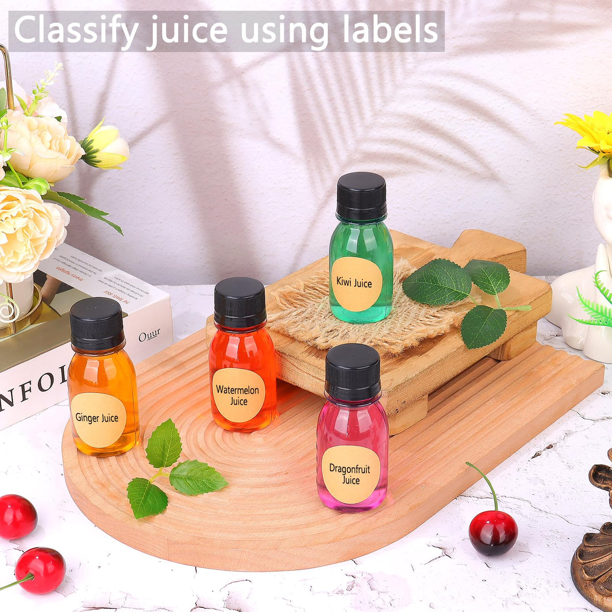 Barafat translucent 2oz bottles with scale, helps monitor daily juice or sauce portions.