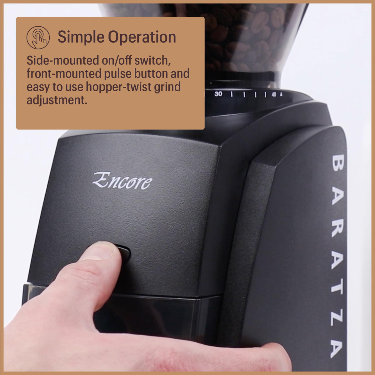 Baratza Encore black exterior finish adds a sleek kitchen look