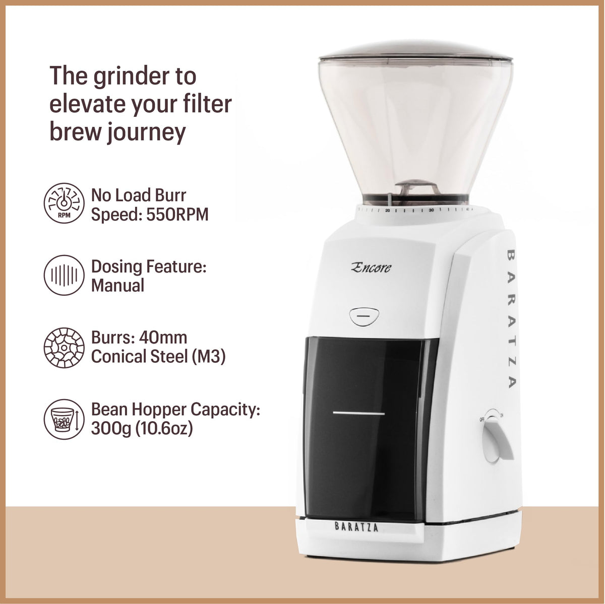 Baratza Encore small footprint design fits neatly on compact kitchen counters