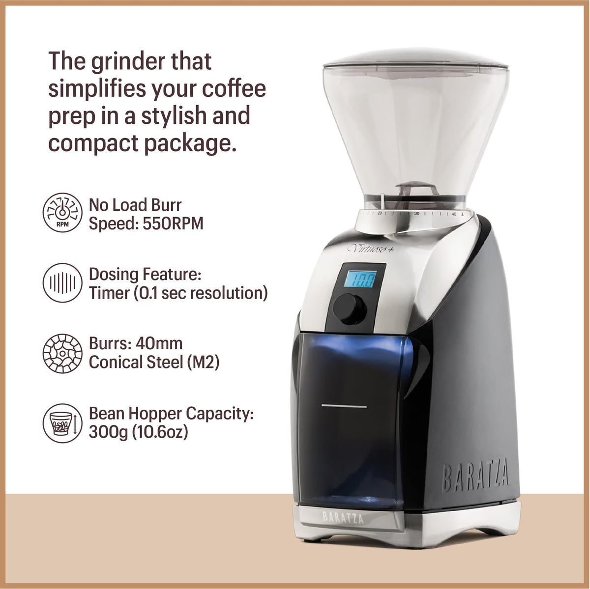 Baratza Virtuoso+ backlit grounds bin visible during grinding