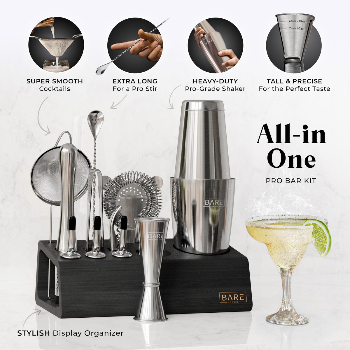 Bare Barrel 28oz Boston shaker in silver and black supports smooth pour and shake.