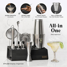 Bare Barrel 28oz Boston shaker in silver and black supports smooth pour and shake.