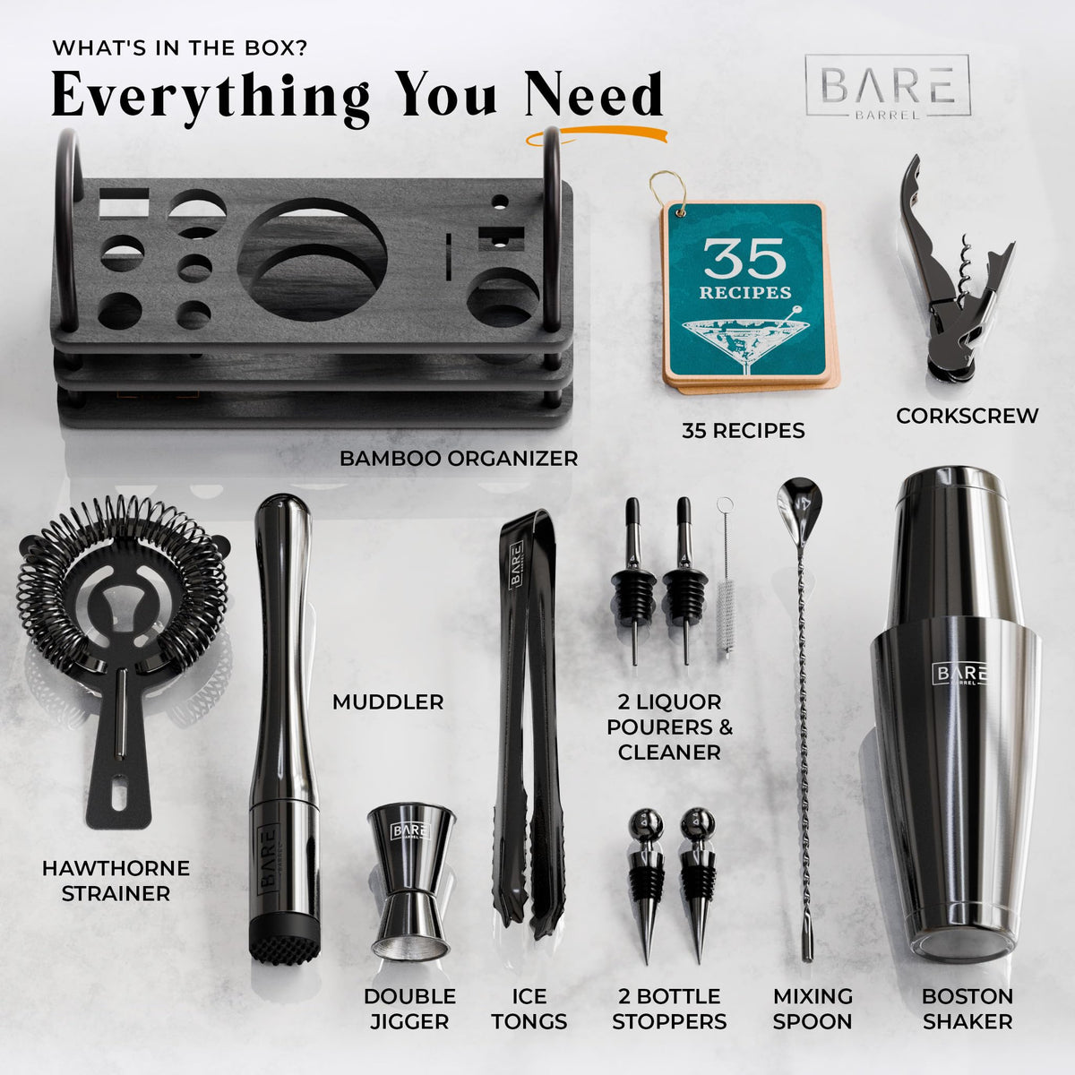 Bare Barrel 35 cocktail recipe cards to spark mixology ideas.