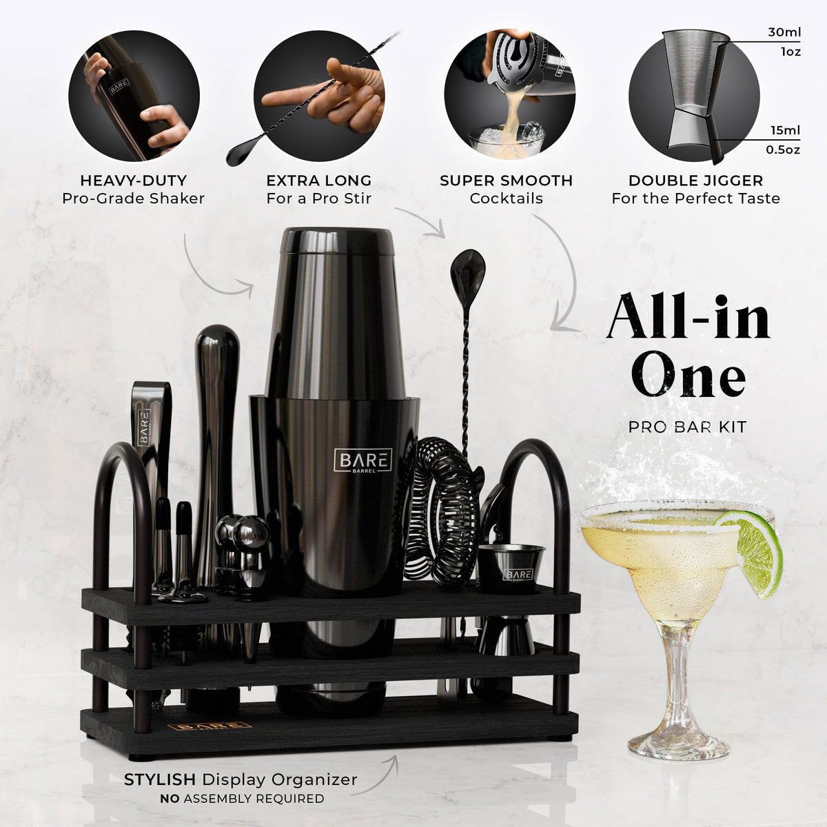 Bare Barrel bamboo organizer keeps bar tools neatly arranged.