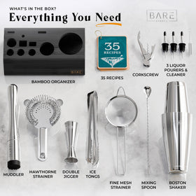 Bare Barrel cocktail tools set includes jigger and strainer for precise measurements.