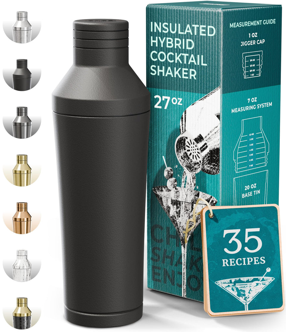 Bare Barrel insulated cocktail shaker in matte black keeps drinks cold without condensation.