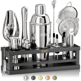Bare Barrel mixology bartending kit 16-piece displayed with bamboo organizer for tidy home bar