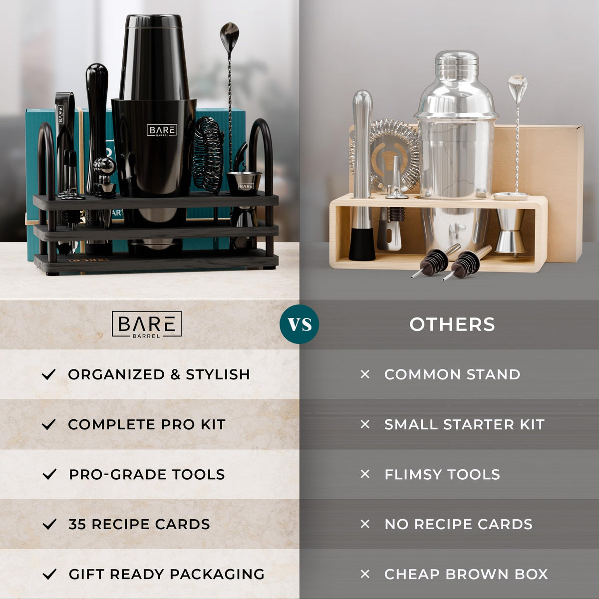 Bare Barrel rust-resistant barware designed for long-lasting use.