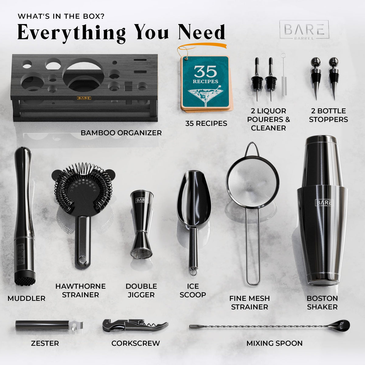 Bare Barrel stainless steel tools set delivers rust-resistant reliability.