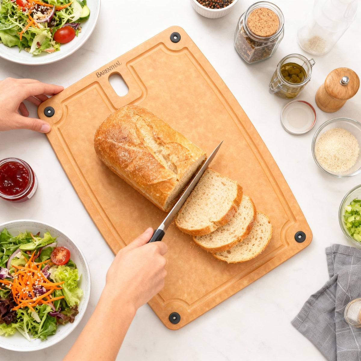 Barenthal cutting board 0.5 inch thick, lightweight yet sturdy for storage.