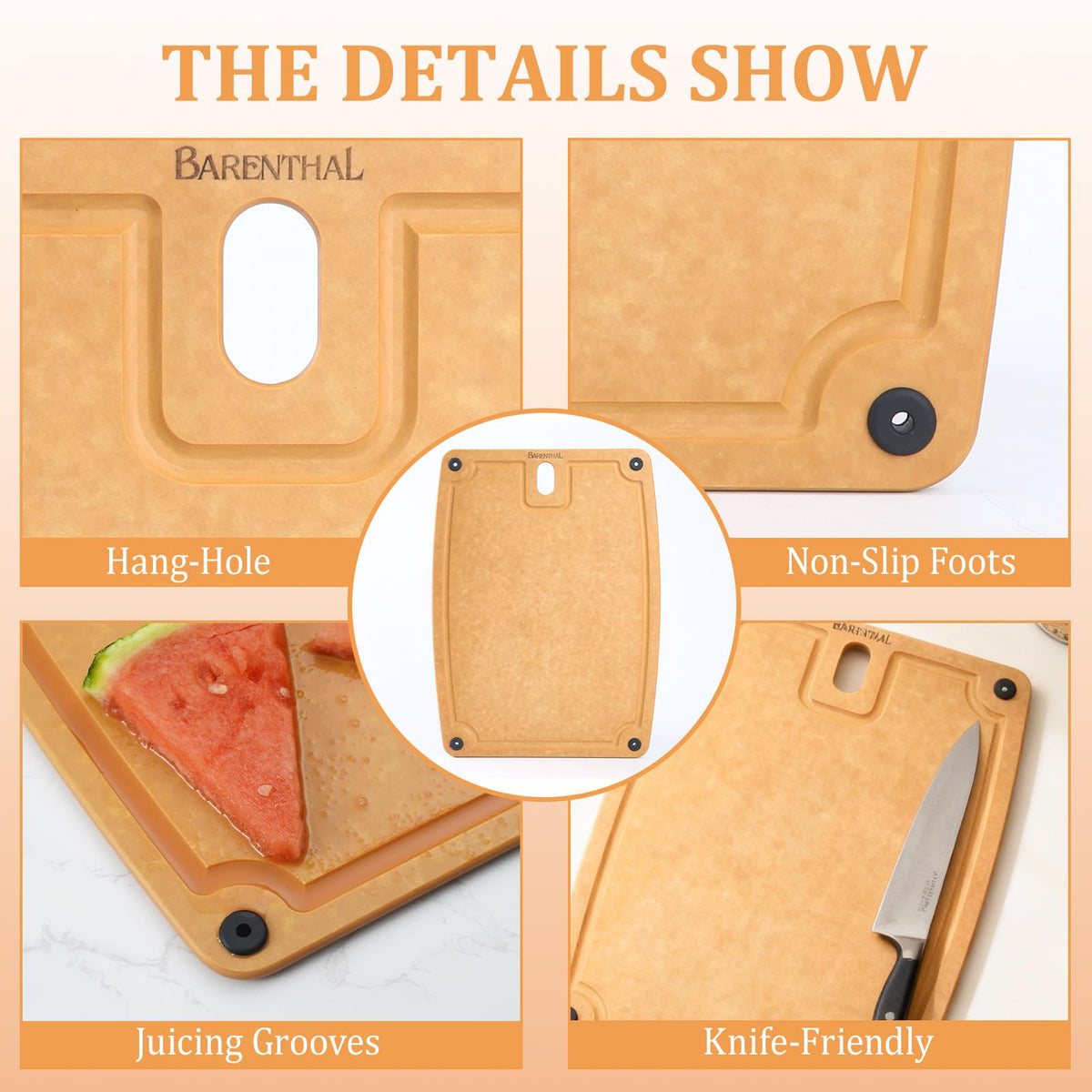 Barenthal cutting board with non slip feet stays steady on counters.