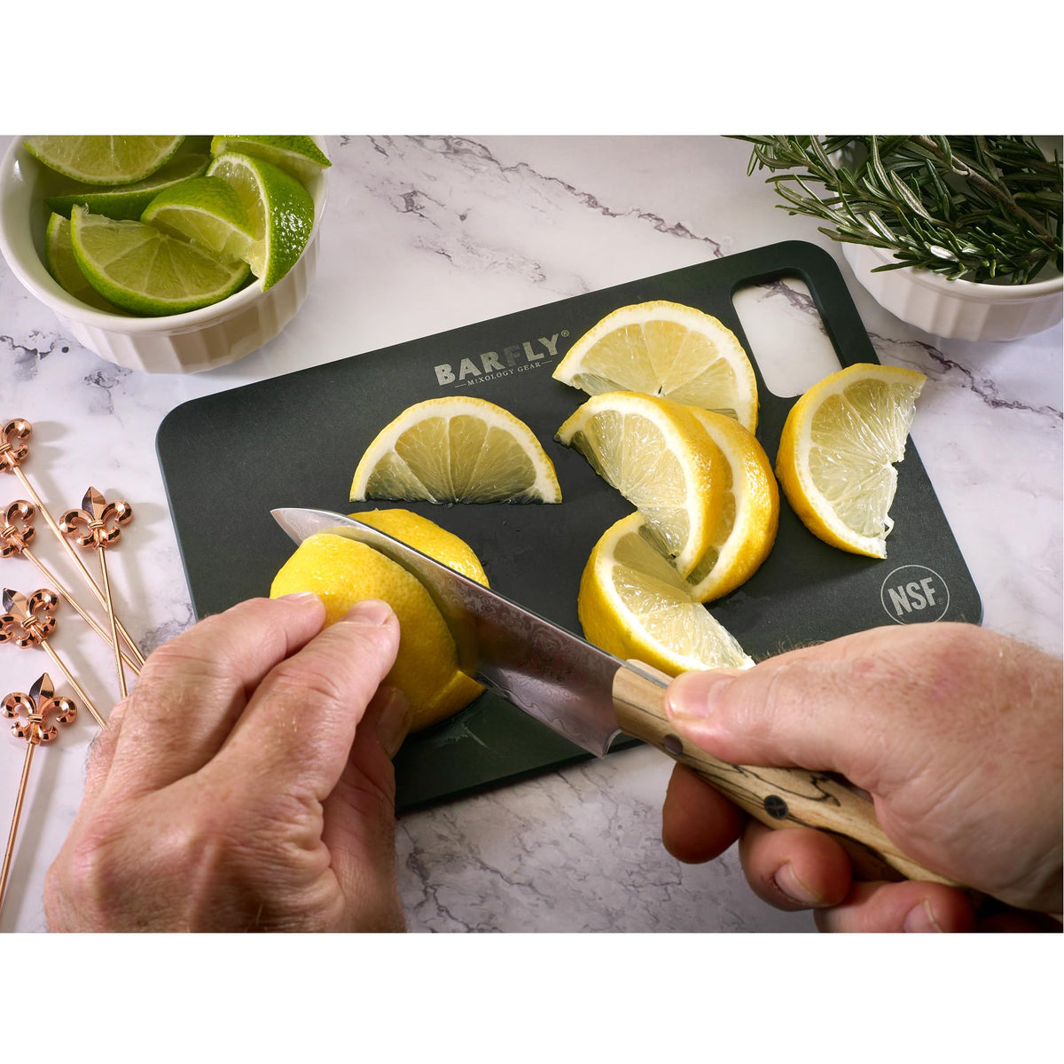 Barfly Bar Board 6x9 dishwasher-safe note for quick cleanup after prep.