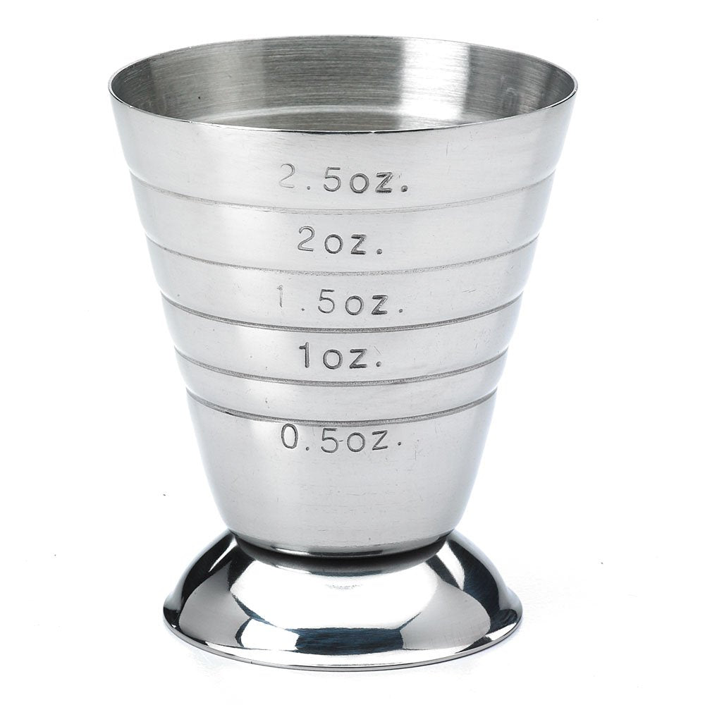 Barfly measuring cup showing 2.5 oz capacity for precise cocktail pours.