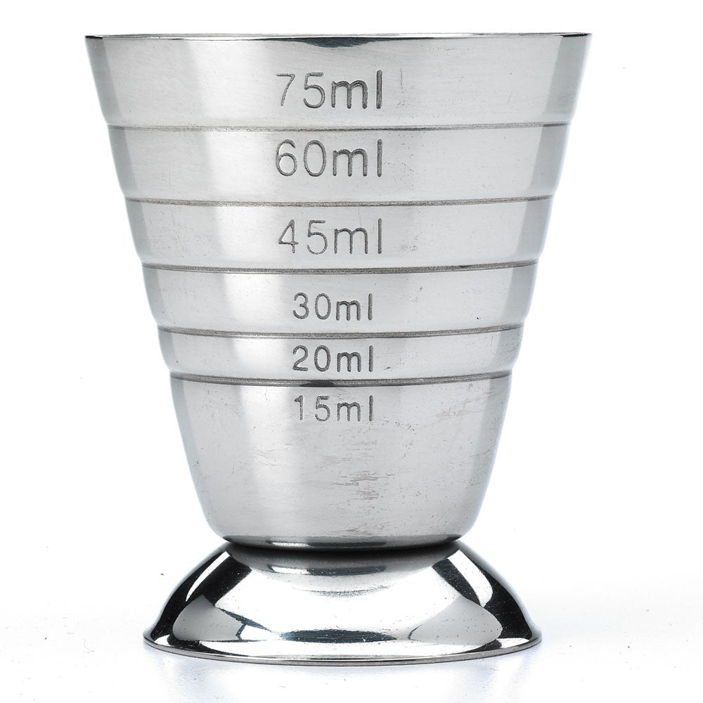 Barfly measuring cup displays 75 ml marking for metric accuracy in drinks.