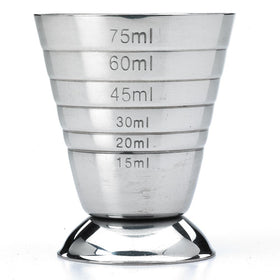 Barfly measuring cup displays 75 ml marking for metric accuracy in drinks.