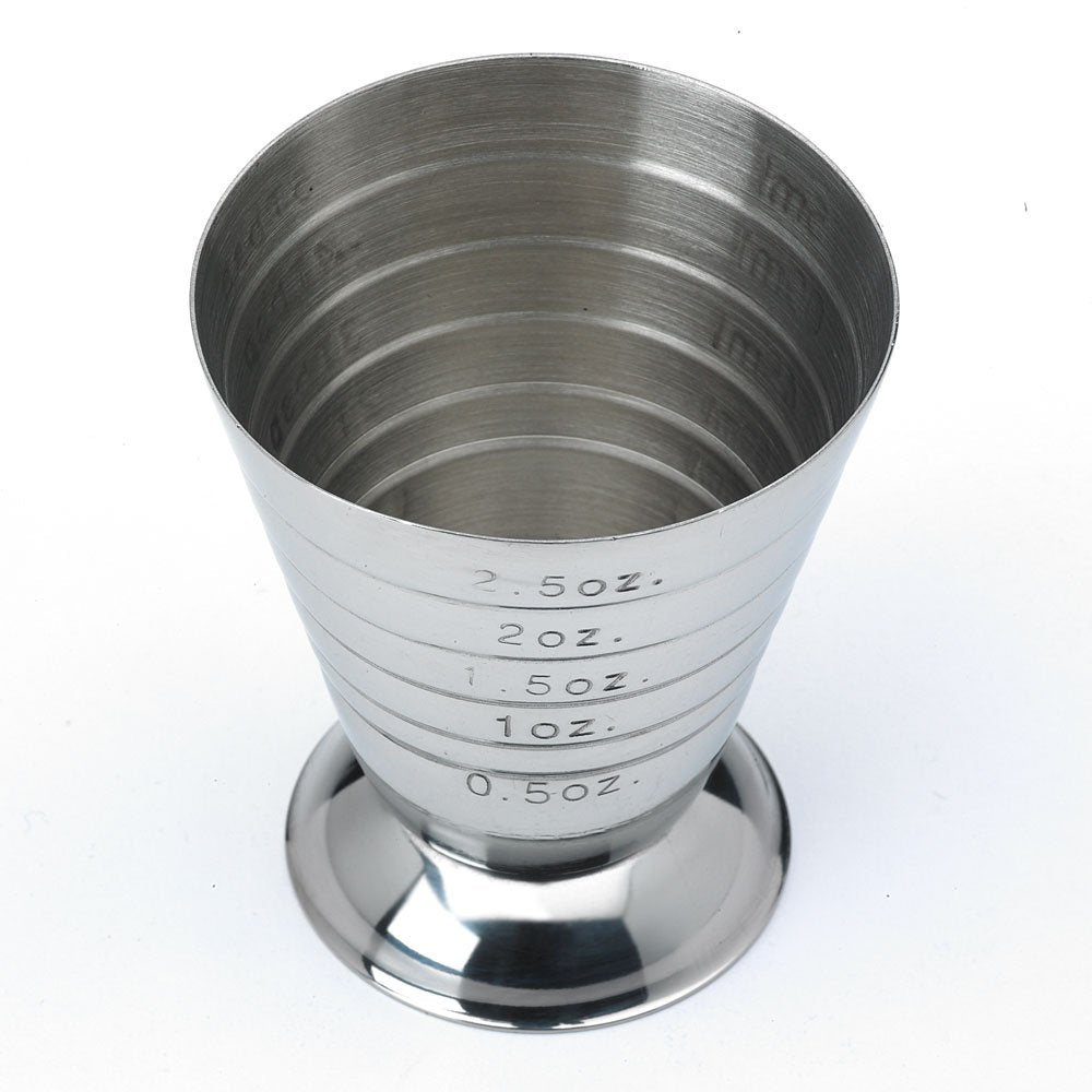 Barfly stainless steel measuring cup designed for durability and easy cleaning.