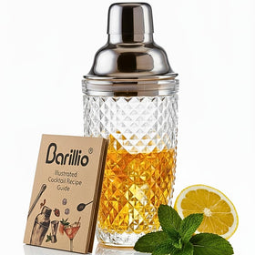 Barillio 14oz glass shaker with built-in strainer for drip-free single-serve cocktails.