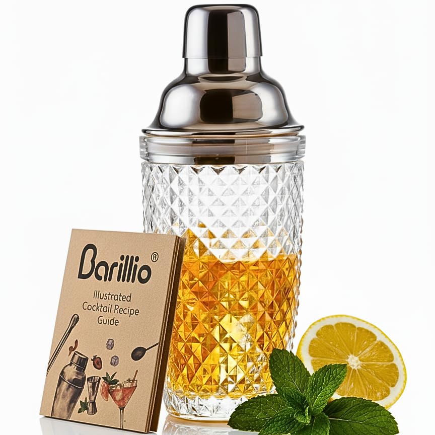 Barillio 14oz glass shaker with built-in strainer for drip-free single-serve cocktails.