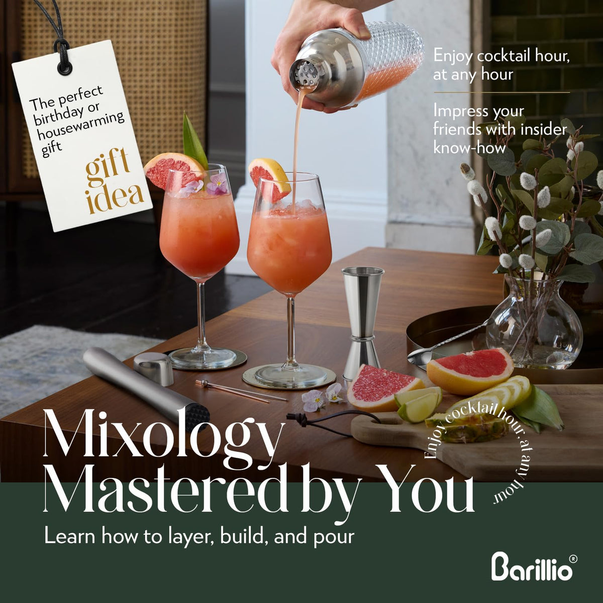 Barillio shaker with clear walls showing dilution for balanced flavors.